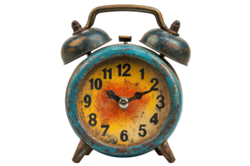 Vintage Alarm Clock Timepiece Blue Rust Patina Aged Timer Antique Retro Style Watch Metallic on transparent background