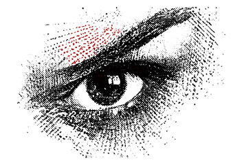 Vector illustration angry eye halftone stipple, grunge punk style collage, vintage photocopy effect for gothic surreal banner, poster, edgy street art, counterculture design.