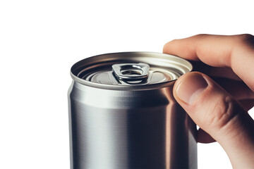 Closeup of a hand holding an aluminum can isolated on transparent PNG