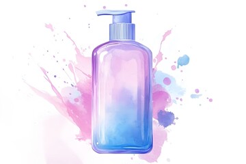 Watercolor illustration of a blue and pink bottle with a pump on a white background with splatters