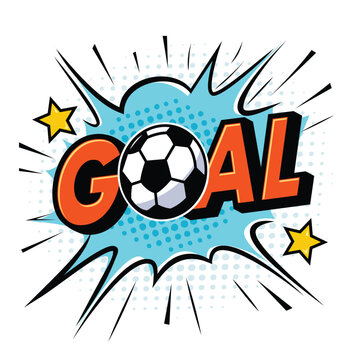 Pop art comic-style soccer goal text with football and explosion effect. Energetic and fun illustration ideal for sports posters, kids designs, and football-themed content.