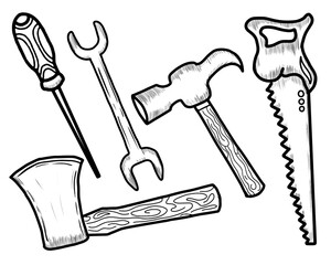 Hand drawn mechanic and carpenter equipment doodle style vector illustration. Construction tool and repair set