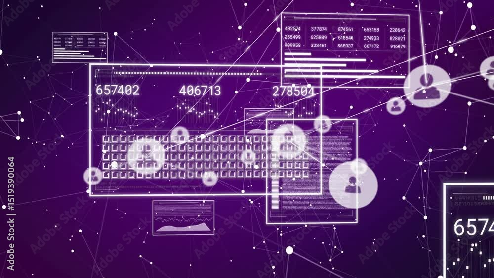 Poster on start frames sliding grid populating numbers bubbles linking panels showing data convergence