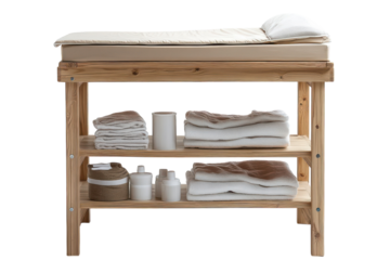 Wooden Changing Table with Soft Mattress and White Towels Storage for Baby Items Clean on transparent background