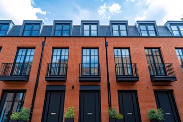 Old building facade with urban brick walls and many windows