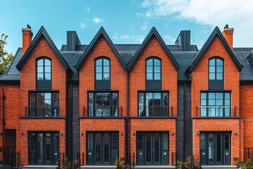 Fototapeta premium Old European city brick houses with red roofs and blue sky
