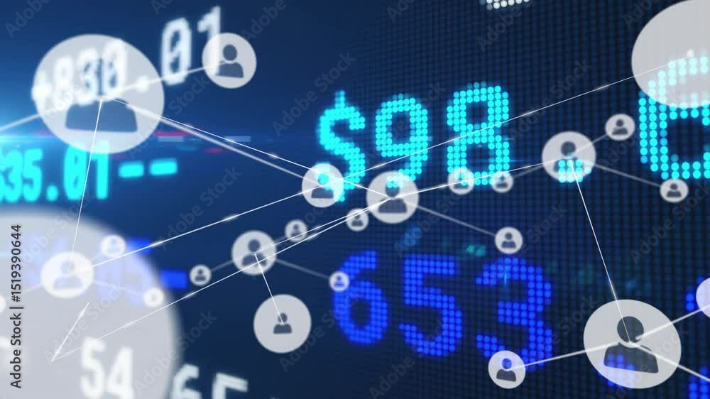Poster changing financial figures driving user node emerging linking via lines visualizing network growth