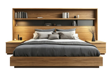 Modern Wooden Bed Design with Built in Shelves Nightstands Pillows and Blanket Interior Design on transparent background