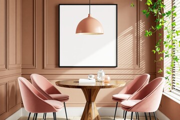 Elegant dining room with pink chairs, wooden table, and blank frame.