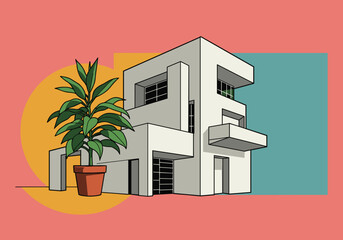 Modern house illustration with potted plant in colorful background  