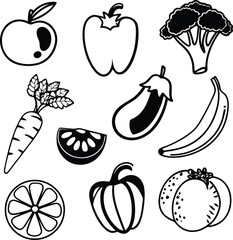 Black and White Outline Illustration of Various Fruits and Vegetables
