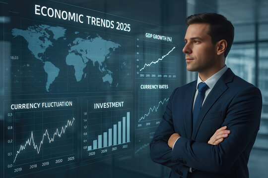 Confident businessman stands in front of digital charts showing global economic data for 2025, including growth, investment, and currency trends.