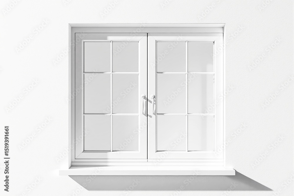 Poster white closed window on minimalistic white wall with sunlight creating soft shadows.