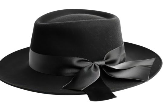Elegant black fedora hat with satin ribbon and bow tie detail classic fashion accessory on transparent background