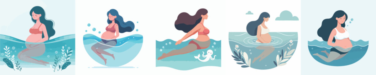 pregnant woman character vector swimming