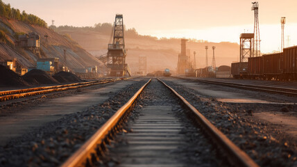 Fototapeta premium Sunrise train track and mine lead with hope into early day light