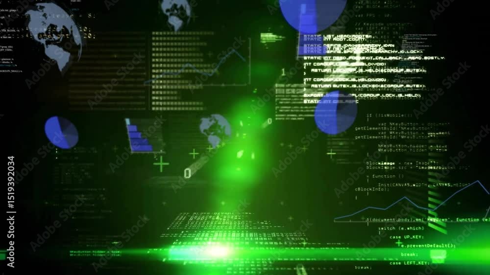 Poster green beam emerging from void triggers code forming, charts flowing and bits racing into hologram