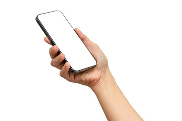 Asian woman holding smartphone in hand with blank screen isolated on white background with clipping path.