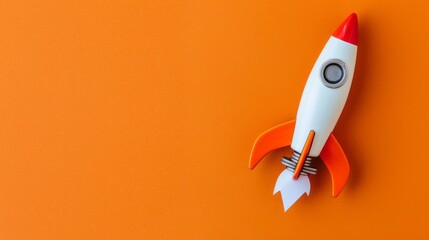 Orange Background Toy Rocket Ship Launch Startup Success Business Concept Innovation Idea Imagination Creative Design Project Development New Beginning Future Goal Aspirations Vision Progress Growth  