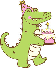 Cartoon Crocodile with Birthday Cake and Balloon