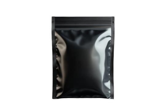 Silver Pouch Mockup On Black Background Product Packaging Presentation Foil Package Design on transparent background - Powered by Adobe