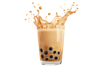 Glass of boba tea, bubble milk tea splash isolated on transparent white background