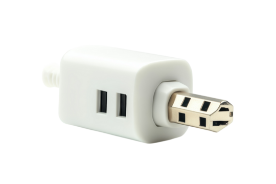 White USB Adapter with USB Ports Close up Power Connection Data Transfer Port Technology on transparent background