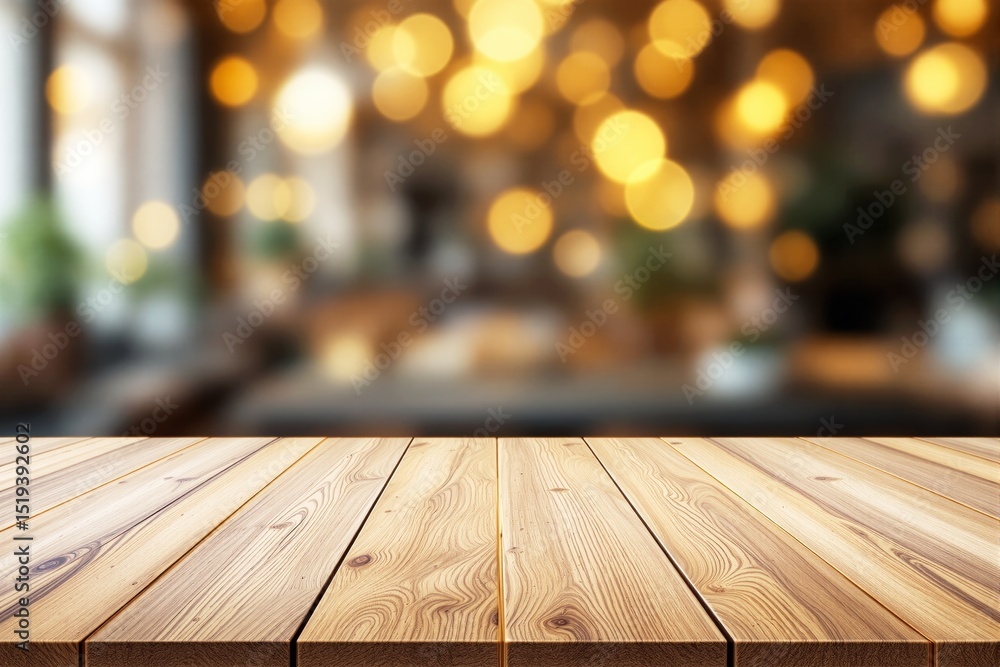 Poster wooden table surface with blurred warm bokeh lights in background.