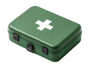 High-angle shot of a sturdy green first-aid kit.