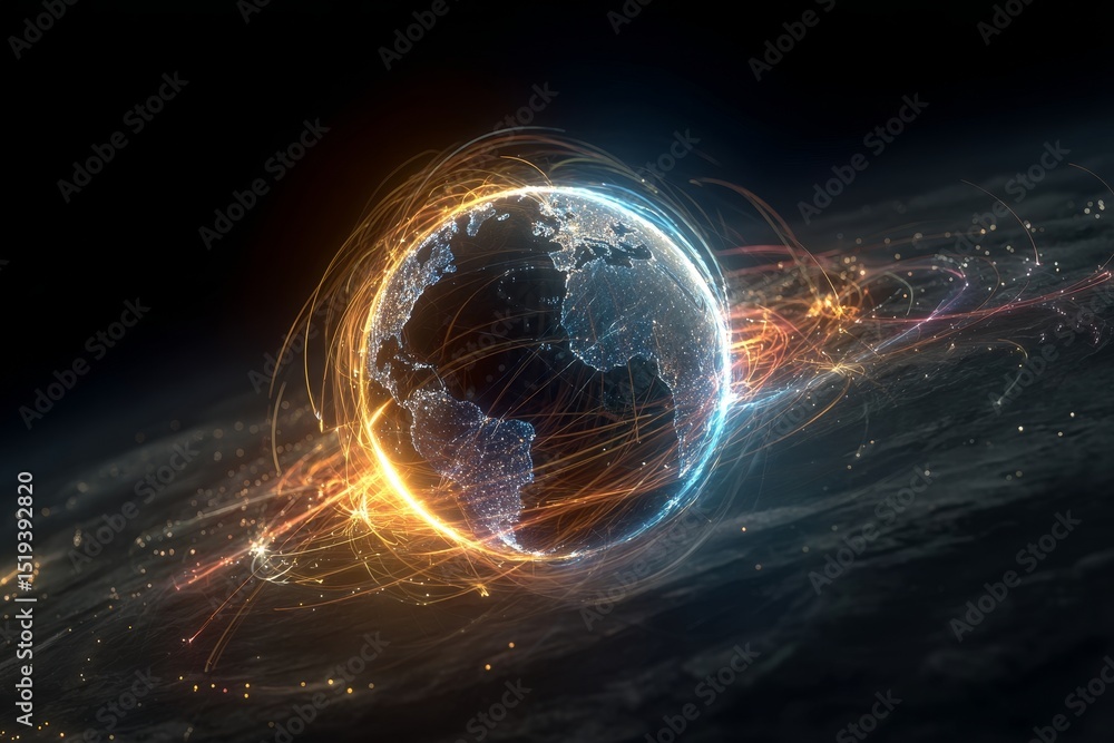 Poster dynamic earth a stunning visual representation of global connectivity with light trails and arrows