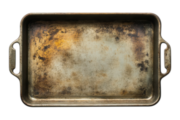 Vintage Baking Pan Texture Rustic Tray Kitchenware Cookware Culinary Utensil Grunge Metalwork on transparent background