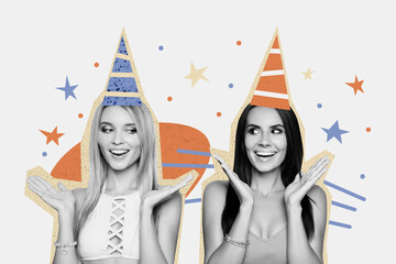 Collage poster template trend artwork sketch of amazed wish two young lady friends celebrate happy...