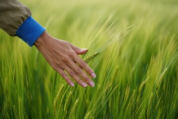 Close-up of a hand gently touching green barley or wheat stalks in a lush field with soft natural lighting