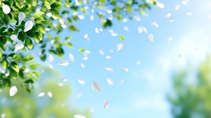 The background is green leaves and flower petals, and the sky is blurred. Bright daylight and volumetric lighting in a studio environment, perfect for a spring concept banner on a light background.