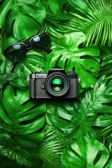 A vintage camera and sunglasses rest on lush green tropical leaves, creating a vibrant and fresh travel or adventure vibe.