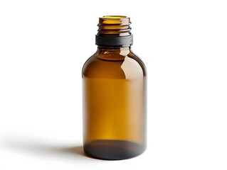 Isolated amber glass bottle with black plastic ring and open neck on a white background in studio shot