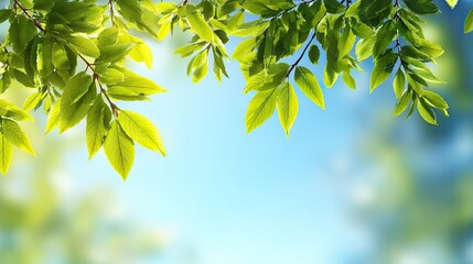 The background is green leaves and flower petals, and the sky is blurred. Bright daylight and volumetric lighting in a studio environment, perfect for a spring concept banner on a light background.
