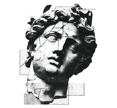 Surreal broken statue head collage with stipple vintage effect, retro grainy texture, vector illustration, gothic grunge aesthetic, trippy tattoo design, boho vibe, ancient art, occult theme.