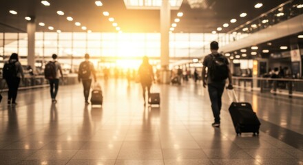Blurred travelers with luggage walk through a brightly lit, spacious airport terminal