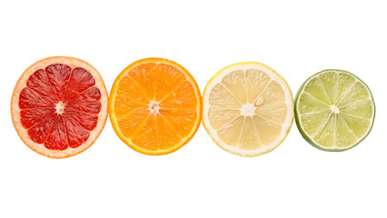 Sliced citrus fruits arranged in a row showcasing grapefruit orange lemon and lime on black background