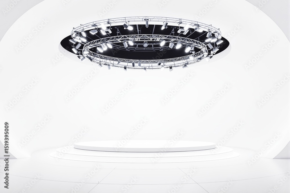 Poster white futuristic stage with circular lighting structure.