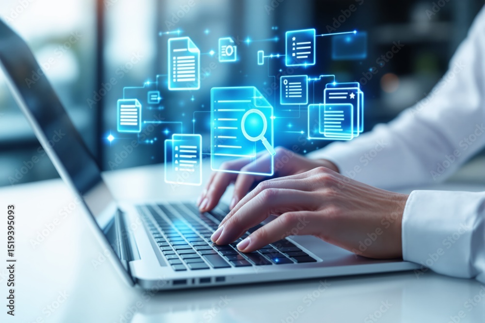 Aufkleber Digital data management concept with hands typing on a laptop.