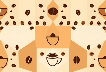 Obraz premium Trendy geometric coffee bean & cup pattern; abstract shapes, warm browns, beige, latte tones, geometric, cappuccino