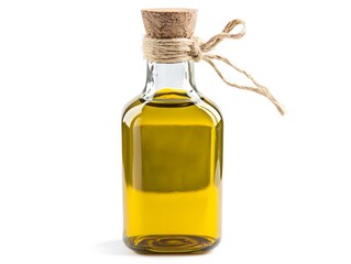 A bottle filled with golden liquid and sealed with a cork stopper tied with a rustic twine bow on white