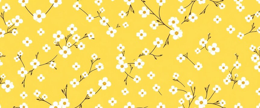 Trendy seamless vector floral pattern Small white flowers on yellow gold, ideal for spring/summer prints, stylish pattern, spring pattern