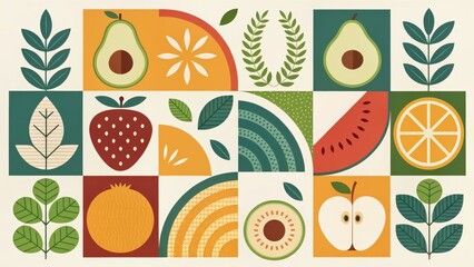 Colorful Illustrations of Fruits and Leaves in a Geometric Pattern and Modern Design