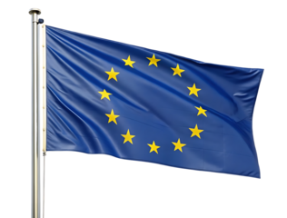 European Union Flag Waving on a Pole, Canvas of flag of European Union flutters on flagpole against gray sky.