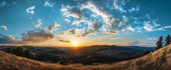 Blue sky with white clouds, clear sky, sunset, panoramic view, landscape photography, ultra-high definition, wide-angle lens, blue and white color scheme, golden light.