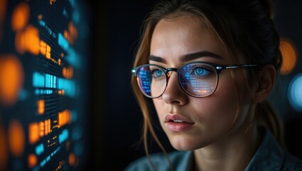 Focused young woman wearing glasses looking intently at a colorful illuminated digital screen reflecting code and data in a dark environment