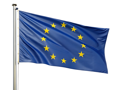 European Union Flag Waving on a Pole, Canvas of flag of European Union flutters on flagpole against gray sky.